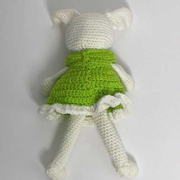 Handmade White Bunny Green Dress Button Eyes Pink Nose Mouth Bow - Picture 7 of 12